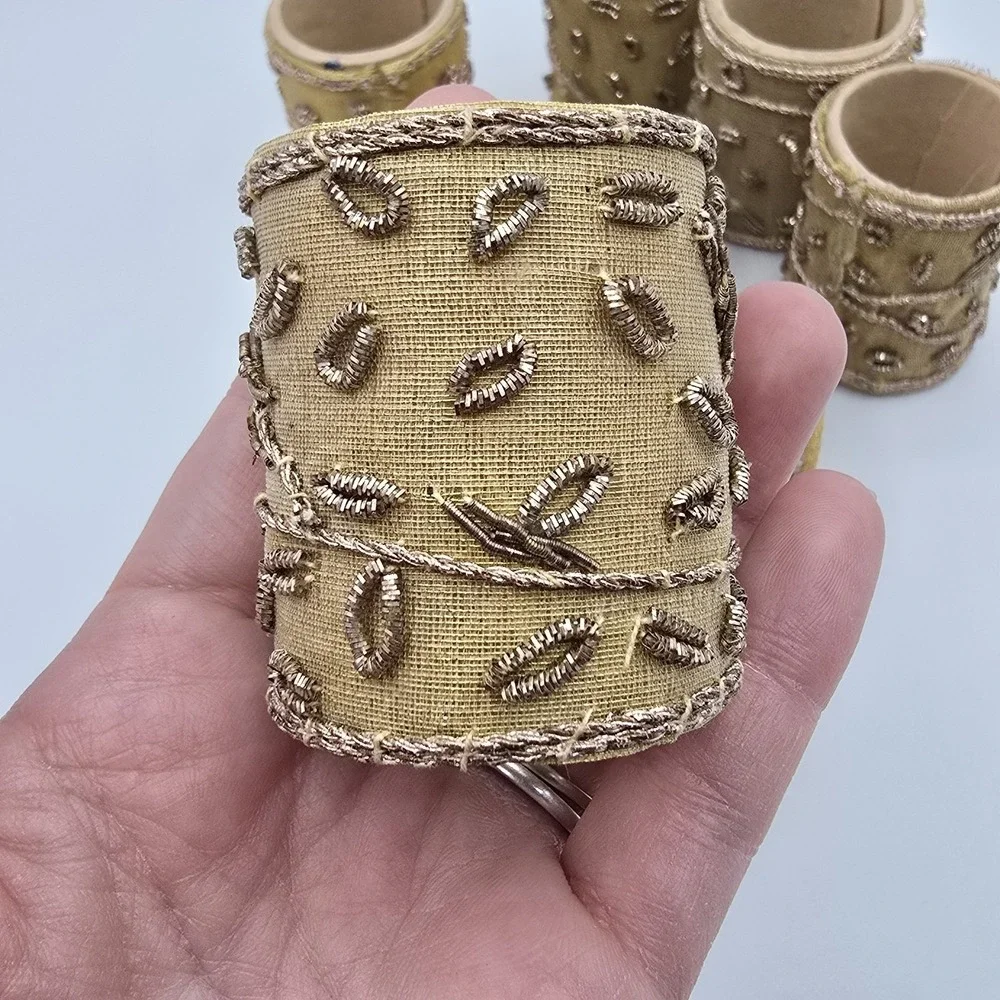 Set‎ (8) Vtg Round Napkin Rings Holders Gold-Tone Cloth Wrapped Bead Jewels